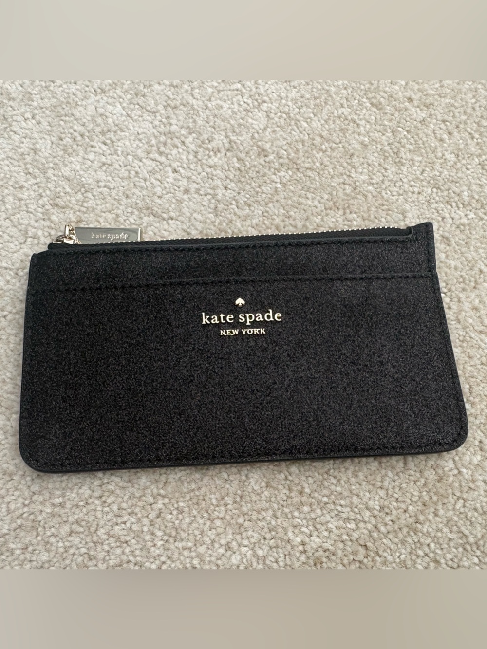 Kate Spade Black sparkle Zip Card Holder with Gold Logo